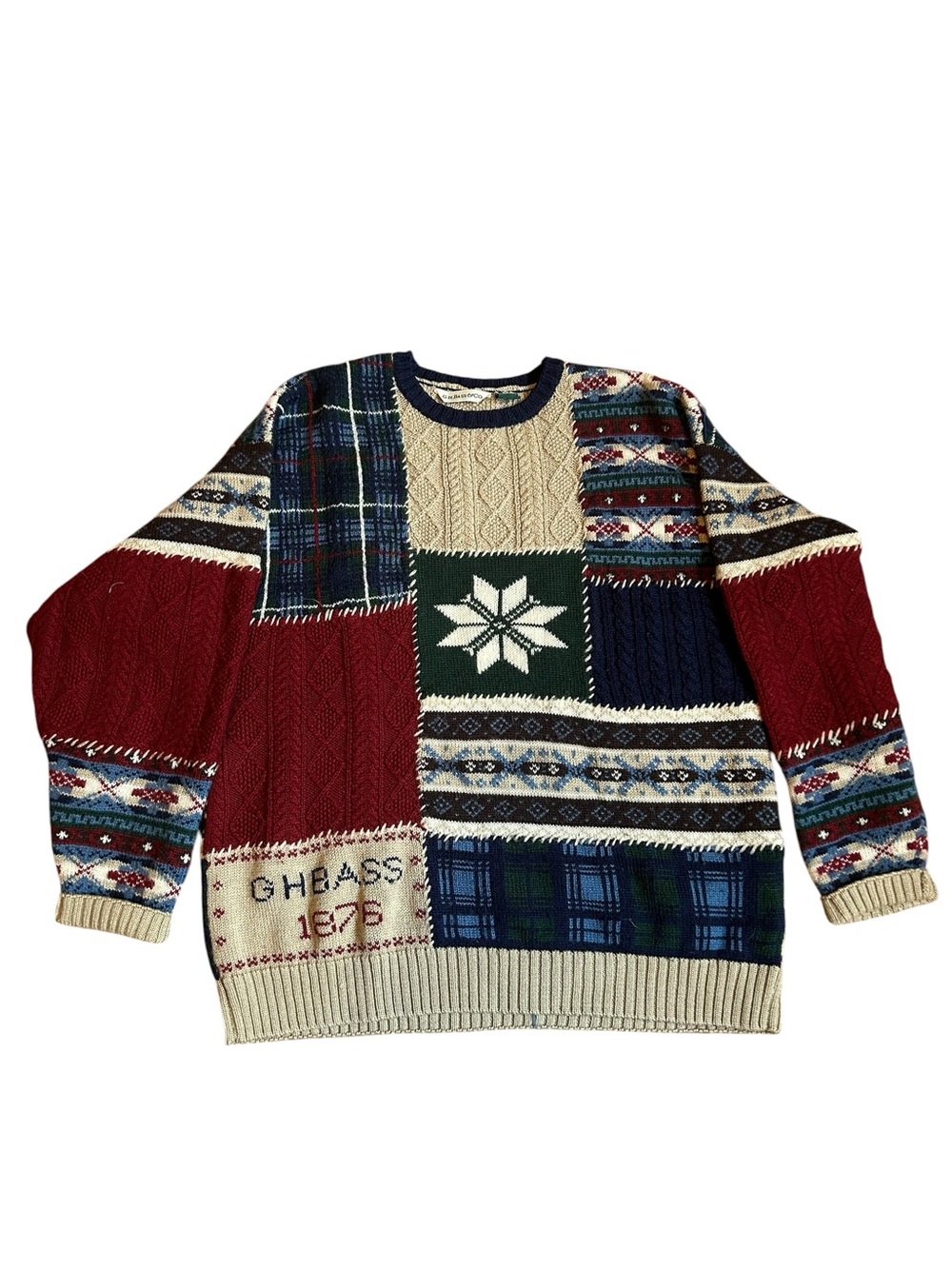 G.H. Bass & Co. 100 % Wool Patchwork Crewneck Ski Sweater Size: Large